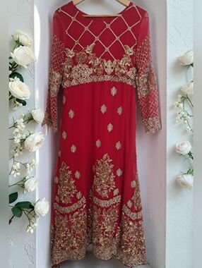 Luxurious Red Embroidered Pakistani Wedding Dress with Gold Accents